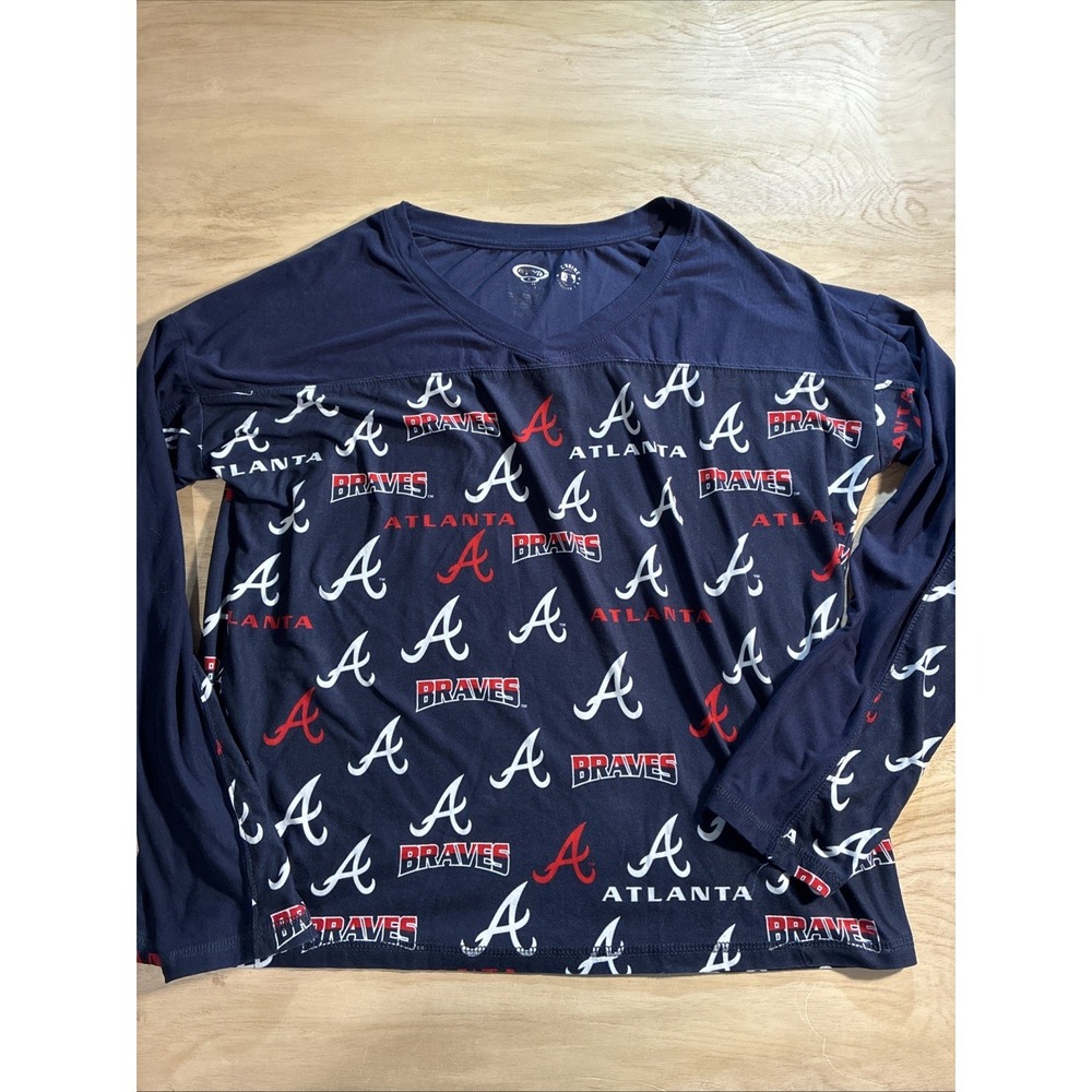Atlanta Braves Long Sleeve Shirt MLB Baseball Logo Navy Blue‎ Women's Large